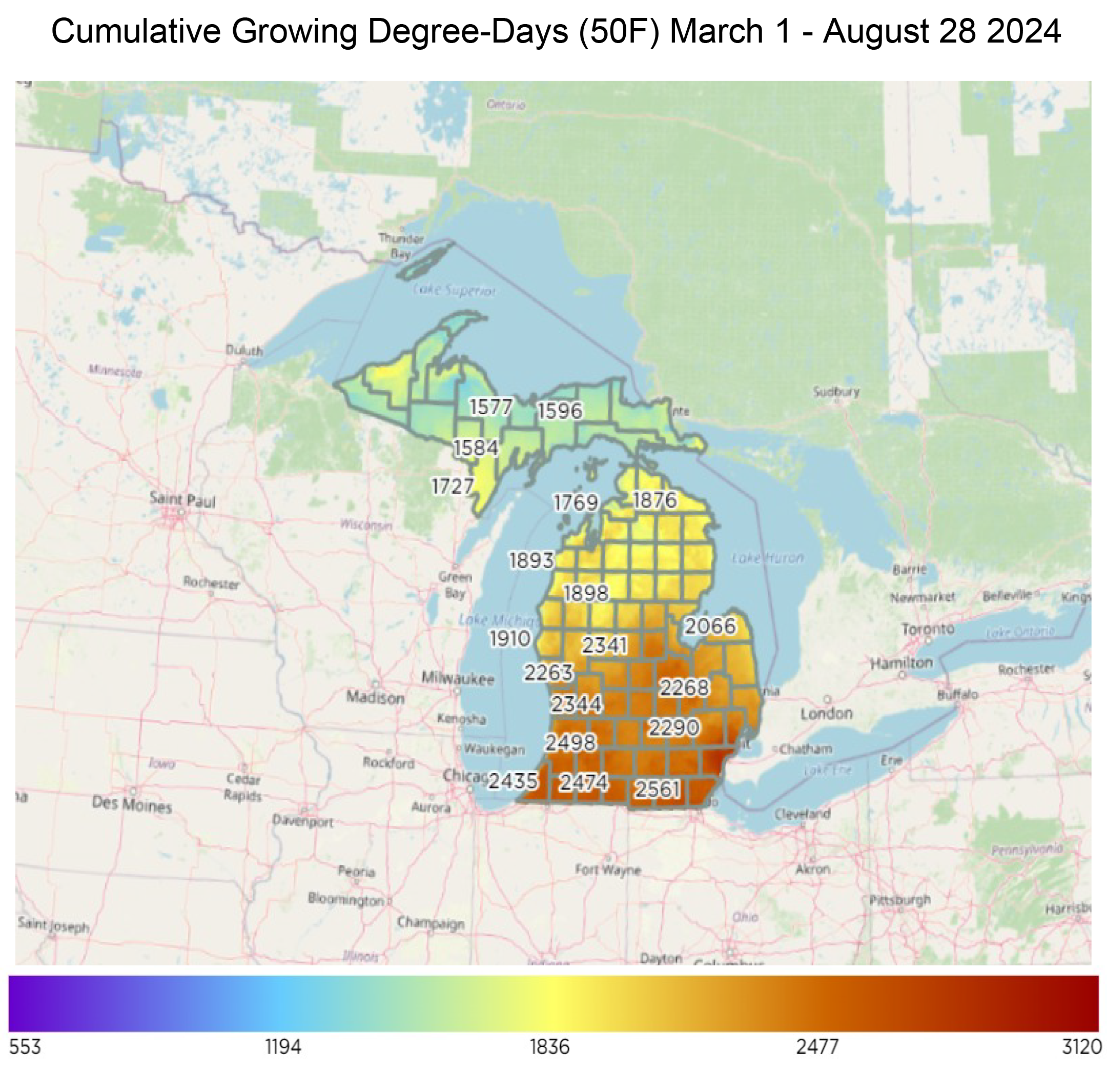 Map of Michigan showing cumulative growing degree-days.